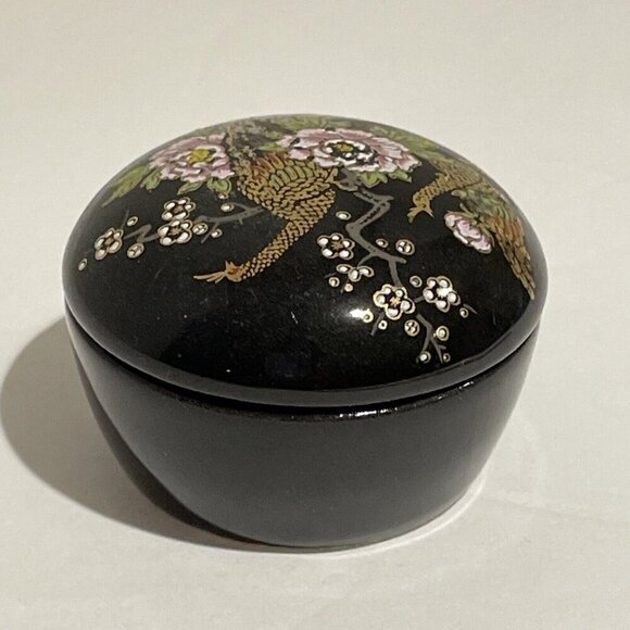 Vintage Asahi Japan Porcelain Trinket Box Peacock Floral Design Black Porcelain - Picture 4 of 8